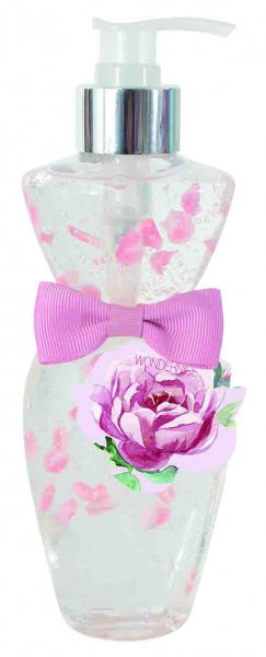 Handseife mit Rosenbl&auml;ttern im Spender mit Schleife